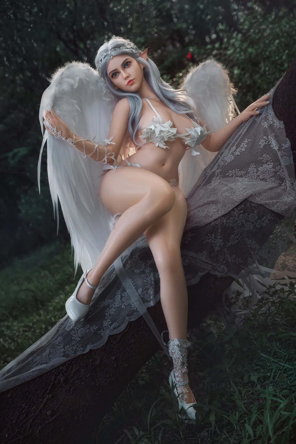 ROSRETTY Doll 164cm (5ft5) D-CUP Cosplay / Pointed Elf Ears / Silver Hair Silicone Sex Doll Melissa, Head S12